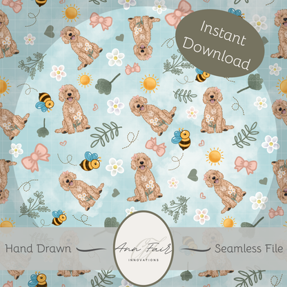 Goldendoodle Spring Seamless Hand Drawn Digital Pattern | 300 DPI PNG | Instant Download