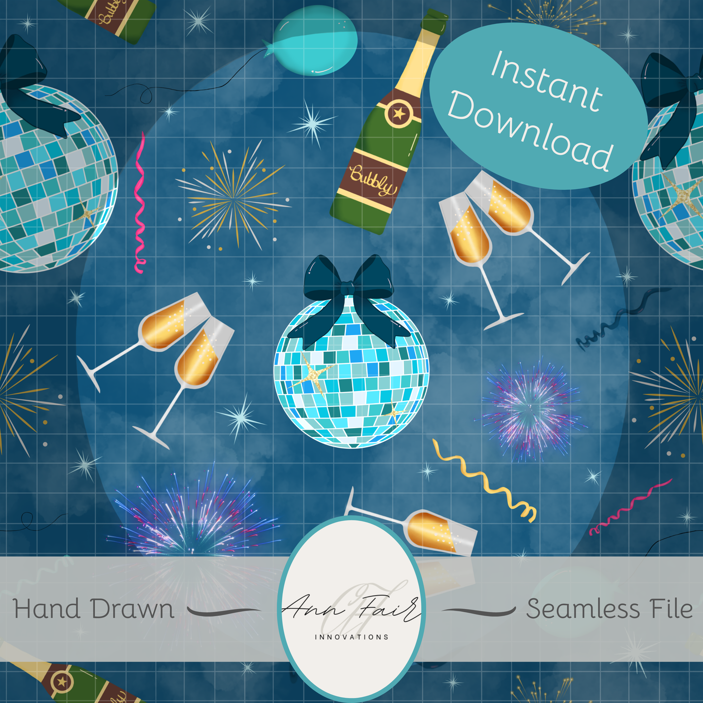 New Year's Eve Party Seamless Hand Drawn Digital Pattern | 300 DPI PNG | Instant Download