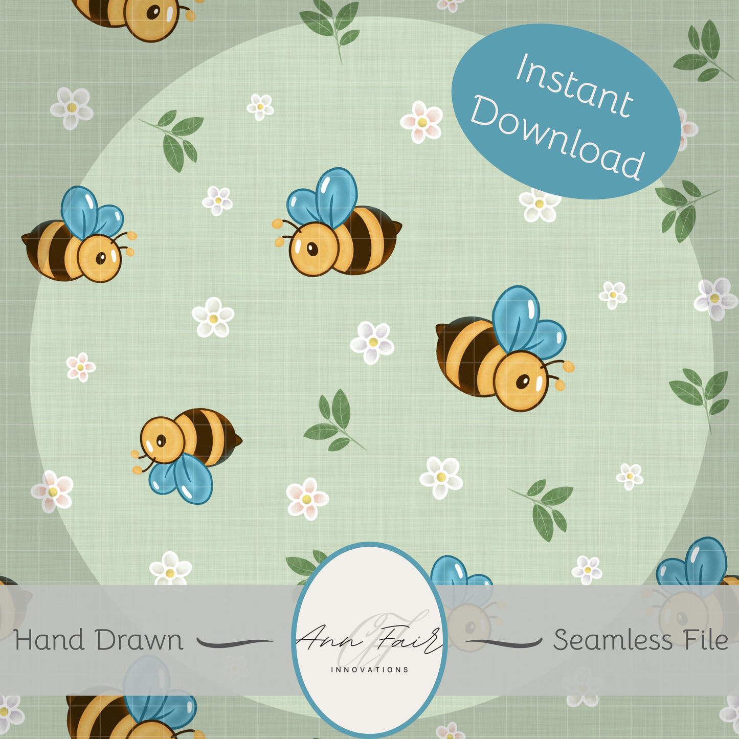 Bees and Daisies Seamless Hand Drawn Digital Pattern | 300 DPI PNG | Instant Download