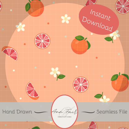 Grapefruits and Blossoms Seamless Hand Drawn Digital Pattern | 300 DPI PNG | Instant Download