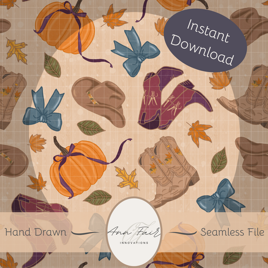 Autumn Cowgirl plum boots hand drawn Seamless Digital Pattern | 300 DPI PNG | Instant Download