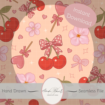 Coquette Cherries Seamless Hand Drawn Digital Pattern | 300 DPI PNG | Instant Download