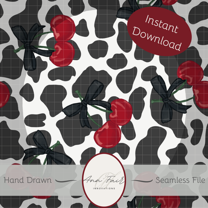 Cow Print and Cherries Seamless Hand Drawn Digital Pattern | 300 DPI PNG | Instant Download