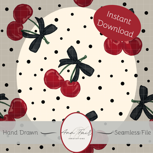 Polka Dots and Cherries Seamless Hand Drawn Digital Pattern | 300 DPI PNG | Instant Download