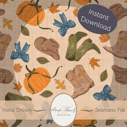Autumn Cowgirl green boots hand drawn Seamless Digital Pattern | 300 DPI PNG | Instant Download
