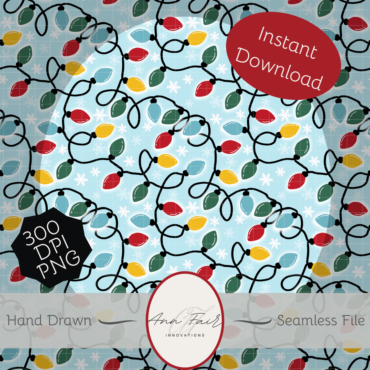 Retro Christmas Lights Seamless Hand Drawn Digital Pattern | 300 DPI PNG | Instant Download