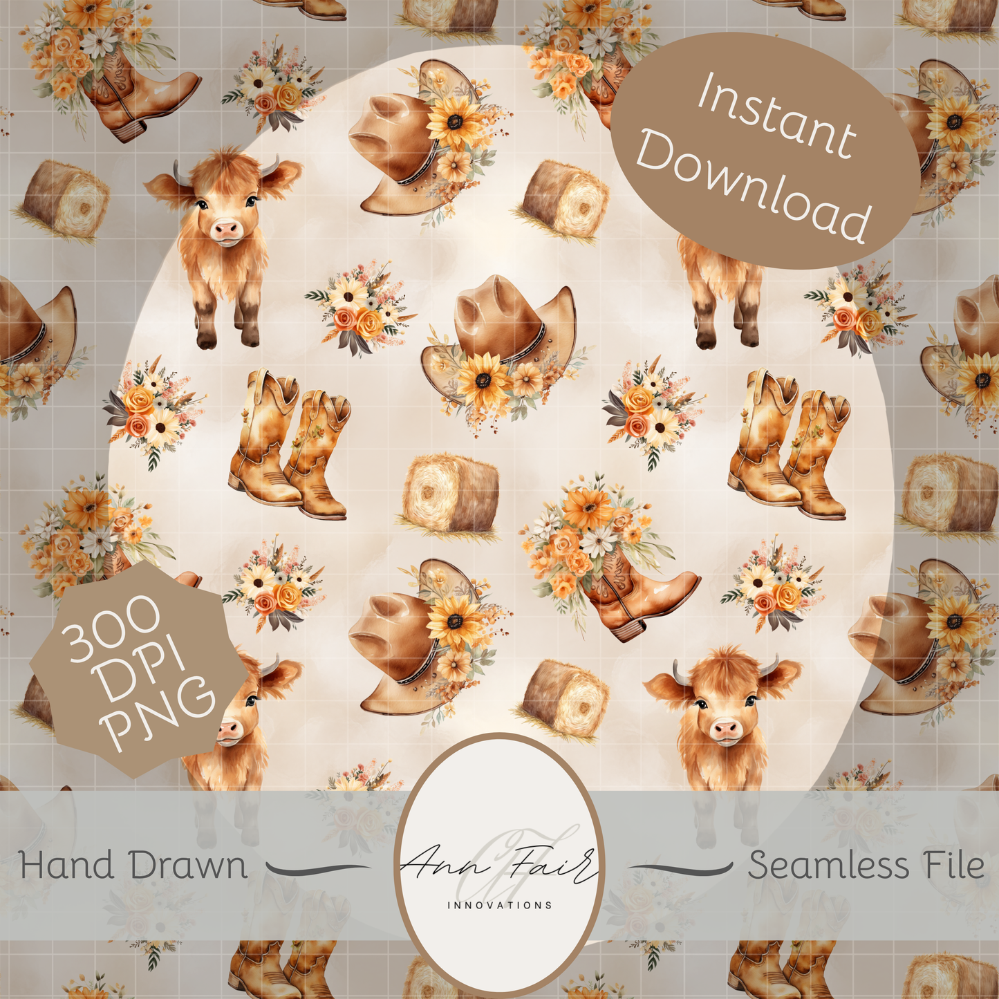 Cute Highland Cow Floral Seamless Hand Drawn Digital Pattern | 300 DPI PNG | Instant Download