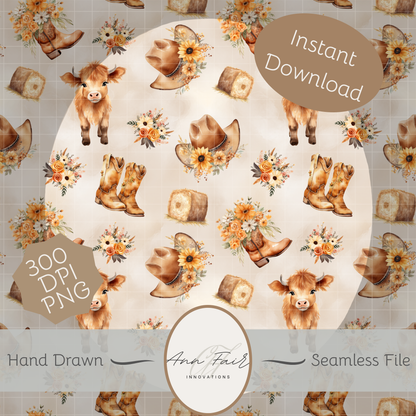 Cute Highland Cow Floral Seamless Hand Drawn Digital Pattern | 300 DPI PNG | Instant Download
