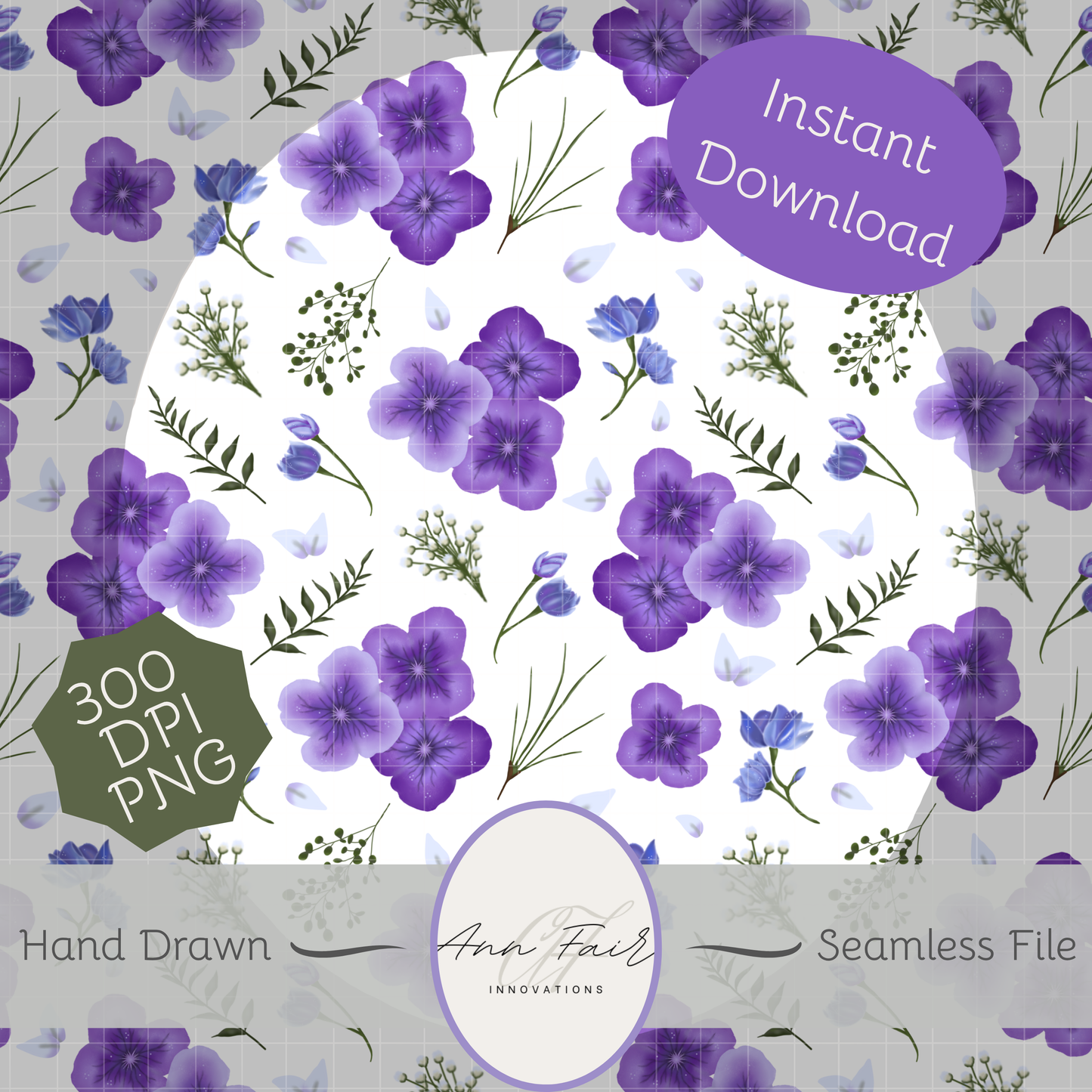 Amethyst Meadows white background Seamless Hand Drawn Digital Pattern | 300 DPI PNG | Instant Download