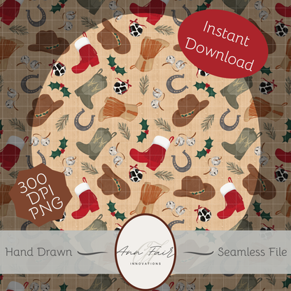 Western Christmas Seamless Hand Drawn Digital Pattern | 300 DPI PNG | Instant Download
