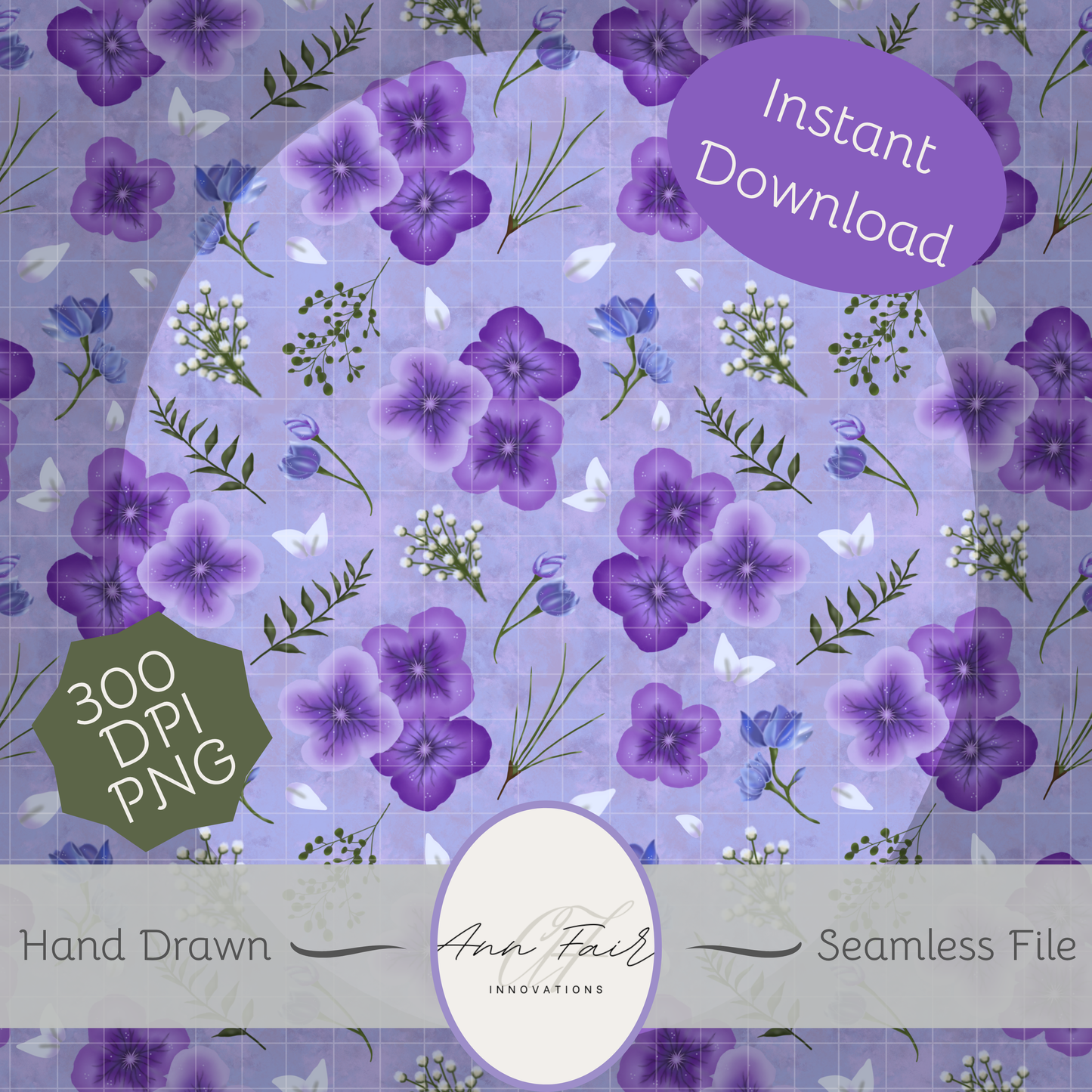 Amethyst Meadows purple background Seamless Hand Drawn Digital Pattern | 300 DPI PNG | Instant Download