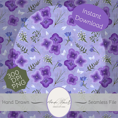 Amethyst Meadows purple background Seamless Hand Drawn Digital Pattern | 300 DPI PNG | Instant Download