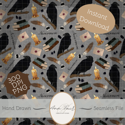 Nevermore Seamless Hand Drawn Digital Pattern | 300 DPI PNG | Instant Download |Edgar Allan Poe | The Raven