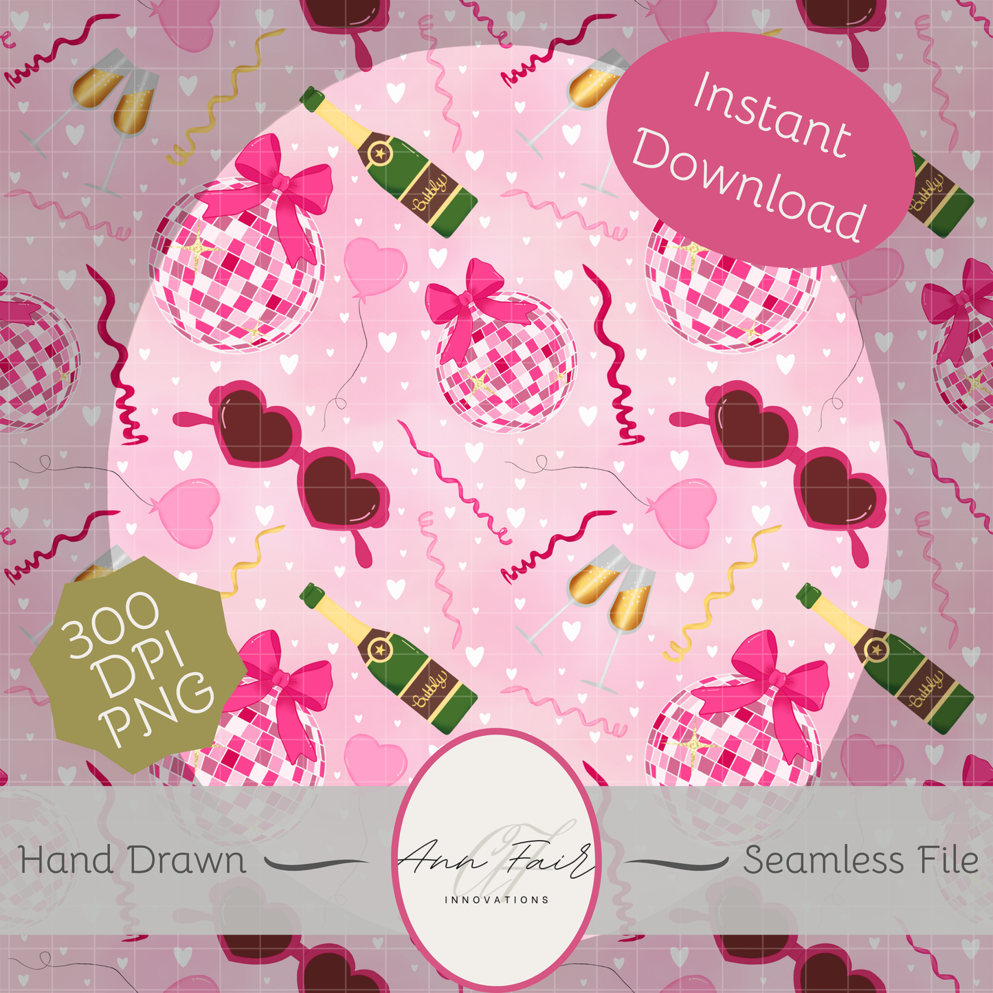 Disco Valentine Seamless Hand Drawn Digital Pattern | 300 DPI PNG | Instant Download