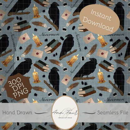 Nevermore Seamless Hand Drawn Digital Pattern | 300 DPI PNG | Instant Download |Edgar Allan Poe | The Raven