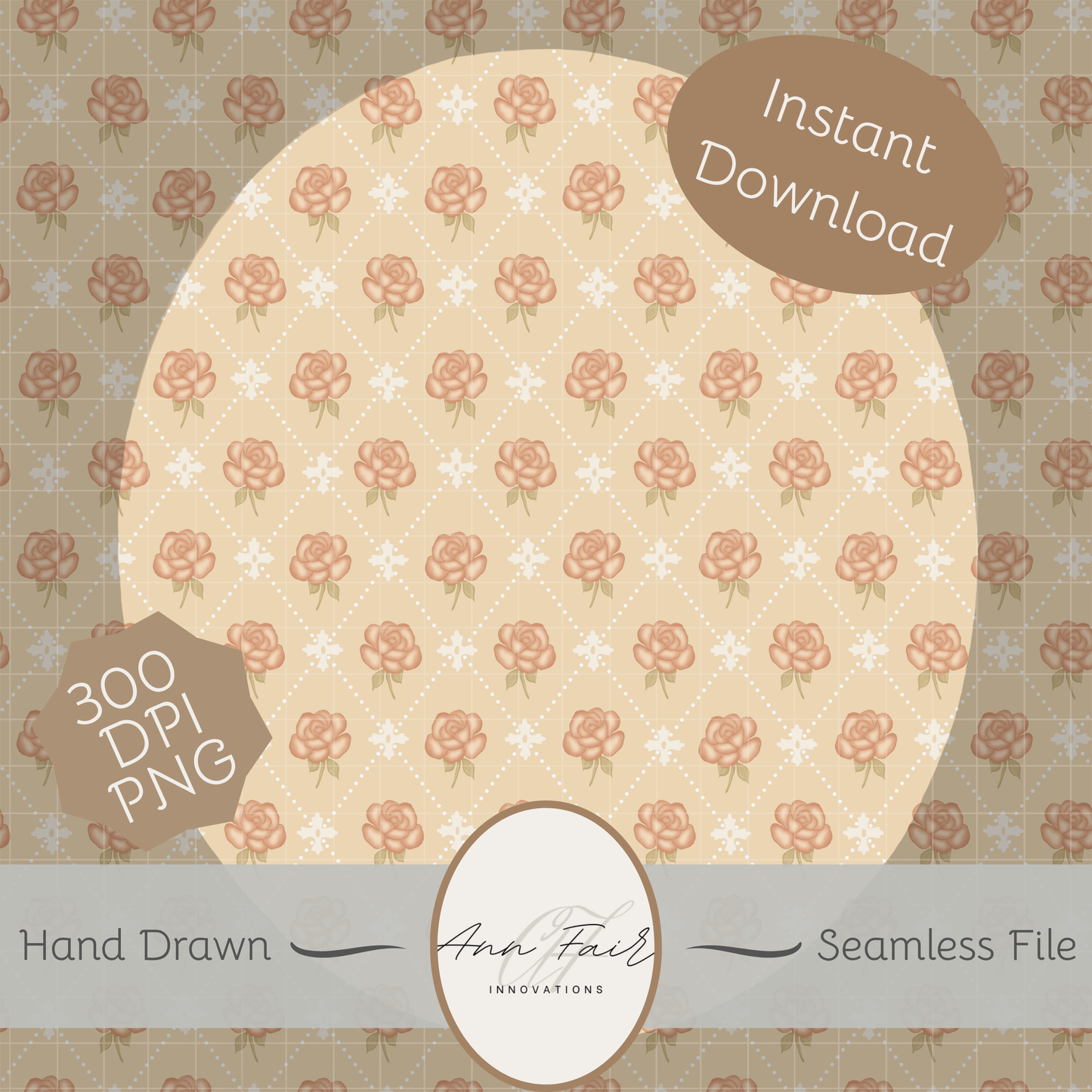 Rose Diamond Vintage Coquette Seamless Hand Drawn Digital Pattern | 300 DPI PNG | Instant Download