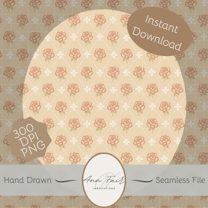 Rose Diamond Vintage Coquette Seamless Hand Drawn Digital Pattern | 300 DPI PNG | Instant Download