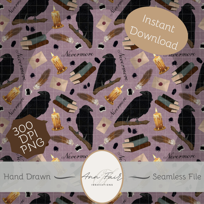 Nevermore Seamless Hand Drawn Digital Pattern | 300 DPI PNG | Instant Download |Edgar Allan Poe | The Raven