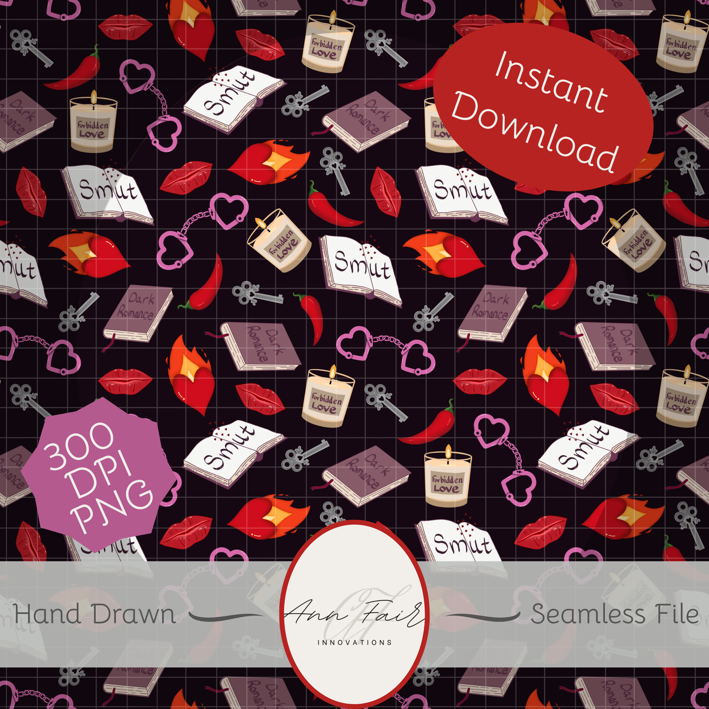 My Smutty Valentine Seamless Hand Drawn Digital Pattern | 300 DPI PNG | Instant Download | 4 background colors | Dark Romance