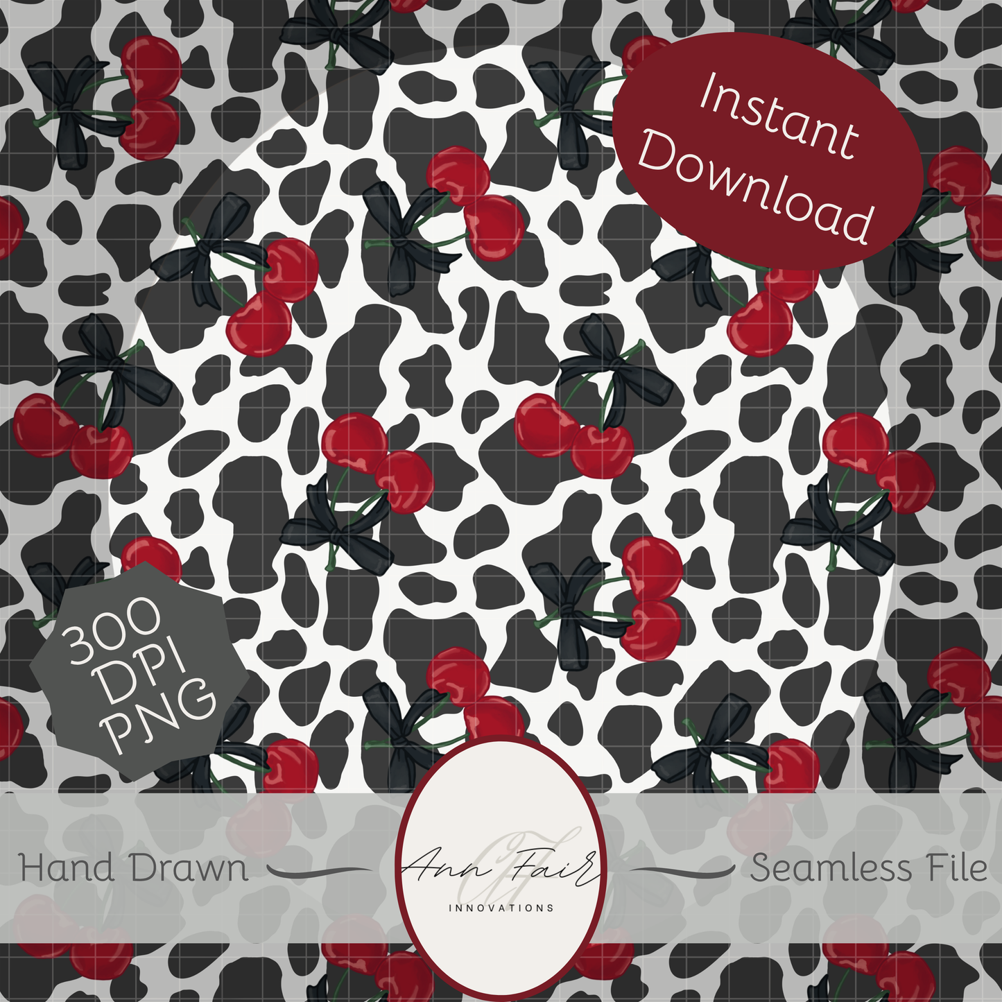 Cow Print and Cherries Seamless Hand Drawn Digital Pattern | 300 DPI PNG | Instant Download