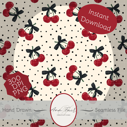 Polka Dots and Cherries Seamless Hand Drawn Digital Pattern | 300 DPI PNG | Instant Download
