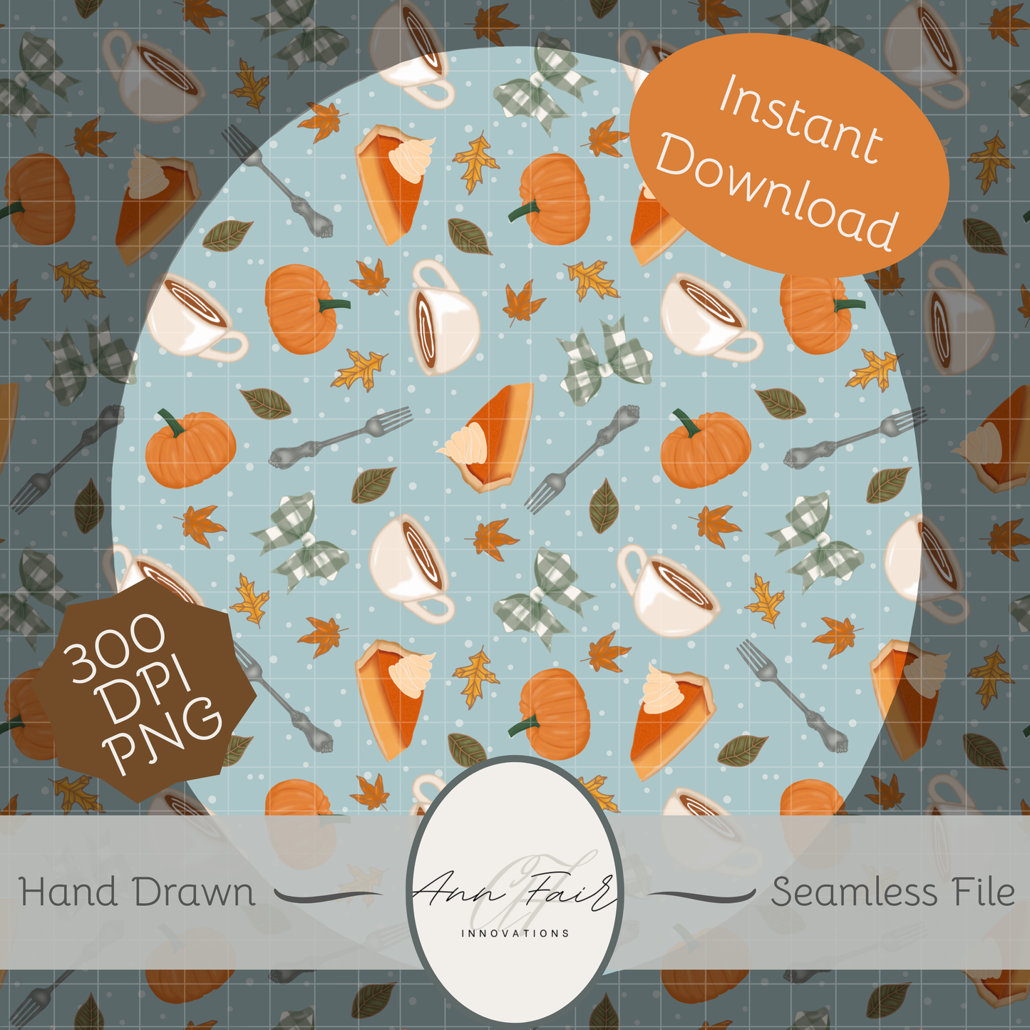 Pumpkin Pie and Coffee Seamless Hand Drawn Digital Pattern | 300 DPI PNG | Instant Download