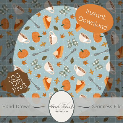 Pumpkin Pie and Coffee Seamless Hand Drawn Digital Pattern | 300 DPI PNG | Instant Download