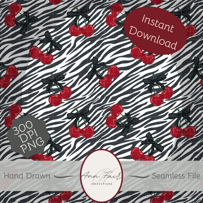Zebra Print and Cherries Seamless Hand Drawn Digital Pattern | 300 DPI PNG | Instant Download