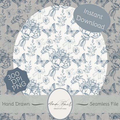 Toile De Jouy Bouquet in blue Seamless Hand Drawn Digital Pattern | 300 DPI PNG | Instant Download