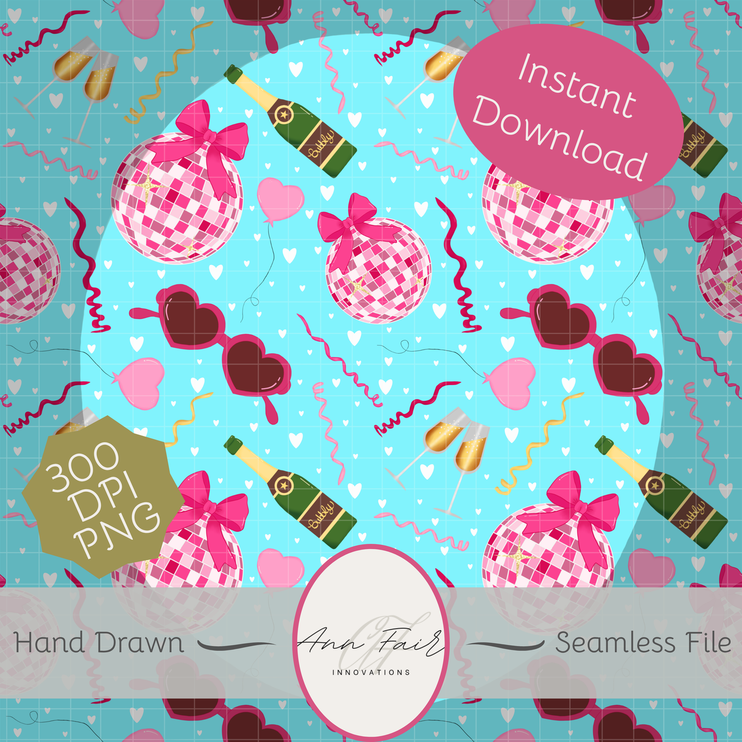 Disco Valentine Seamless Hand Drawn Digital Pattern | 300 DPI PNG | Instant Download