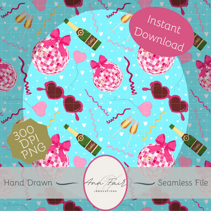 Disco Valentine Seamless Hand Drawn Digital Pattern | 300 DPI PNG | Instant Download