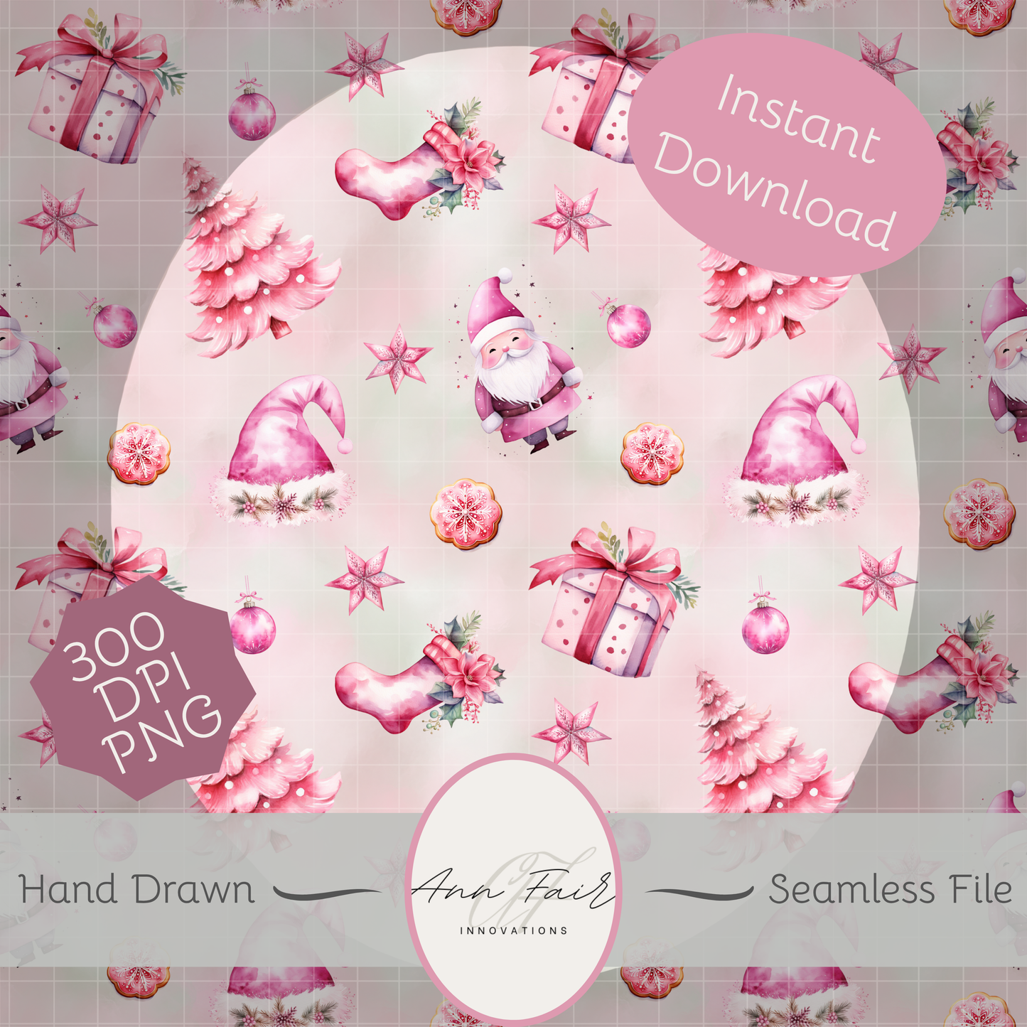 Pink Christmas Seamless Hand Drawn Digital Pattern | 300 DPI PNG | Instant Download