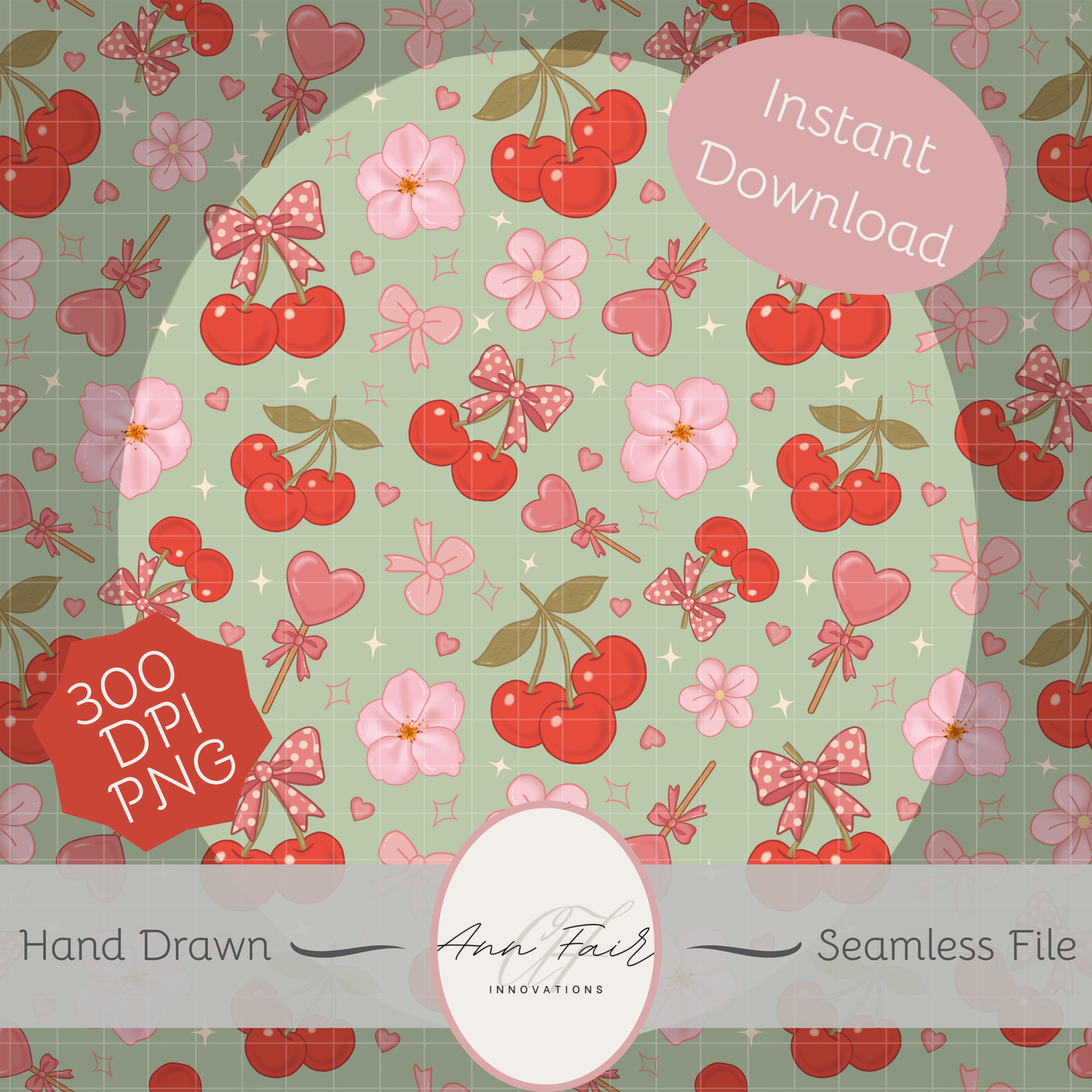 Coquette Cherries Seamless Hand Drawn Digital Pattern | 300 DPI PNG | Instant Download