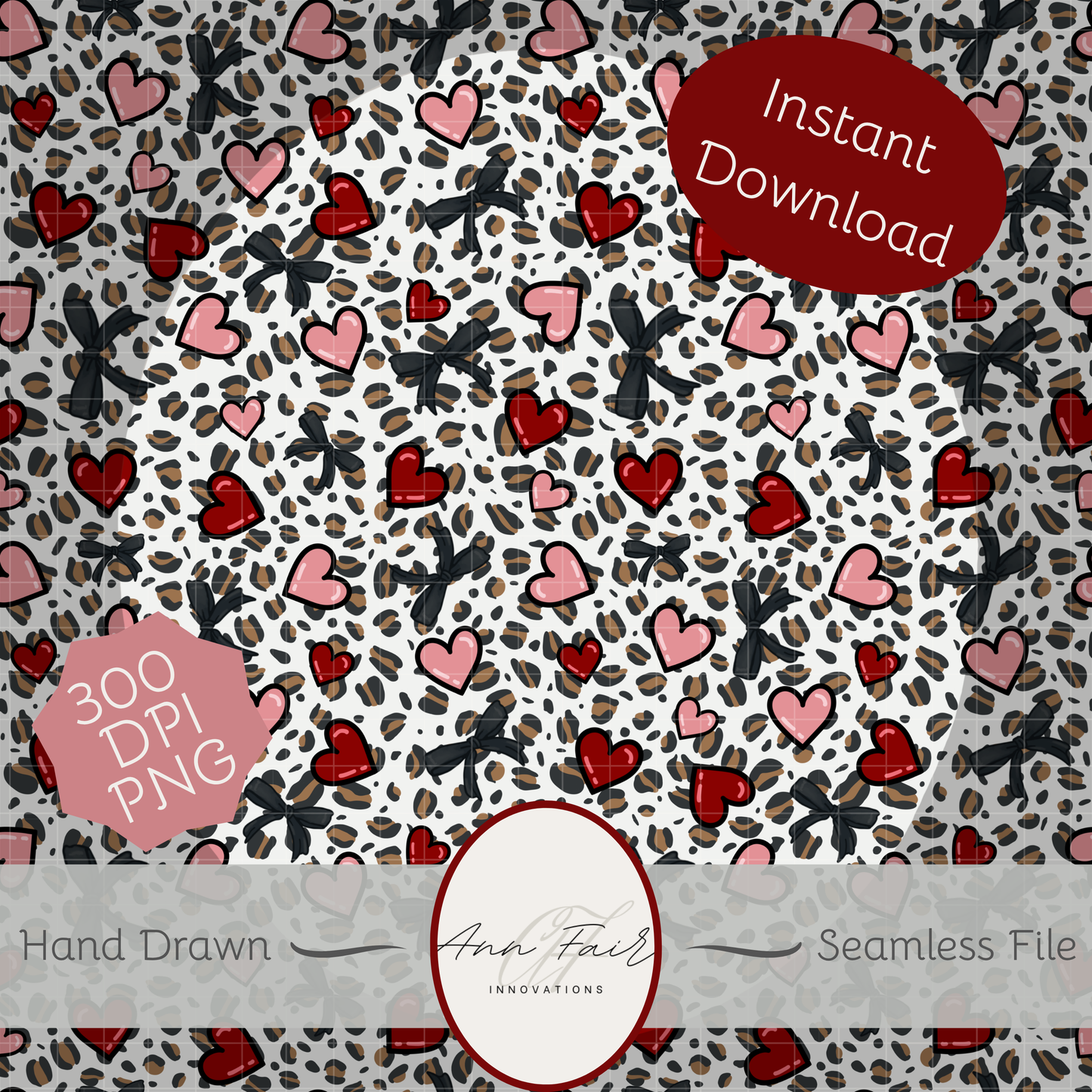 Leopards and Hearts Seamless Hand Drawn Digital Pattern | 300 DPI PNG | Instant Download