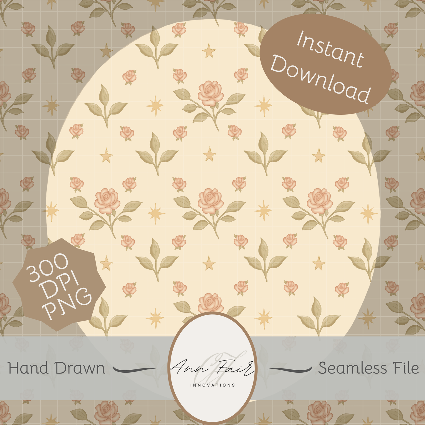 Roses and Stars Vintage Coquette Seamless Hand Drawn Digital Pattern | 300 DPI PNG | Instant Download