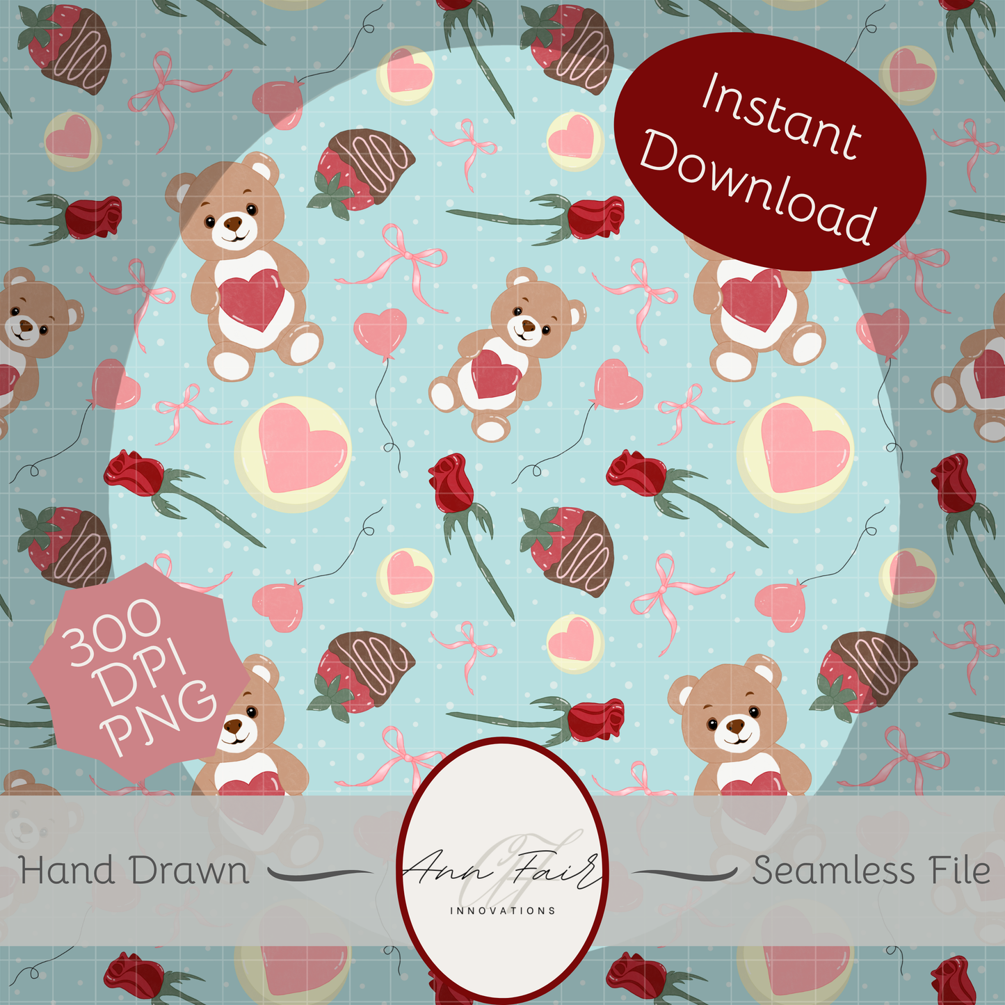 Teddy Bear Valentine Seamless Hand Drawn Digital Pattern | 300 DPI PNG | Instant Download