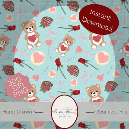 Teddy Bear Valentine Seamless Hand Drawn Digital Pattern | 300 DPI PNG | Instant Download