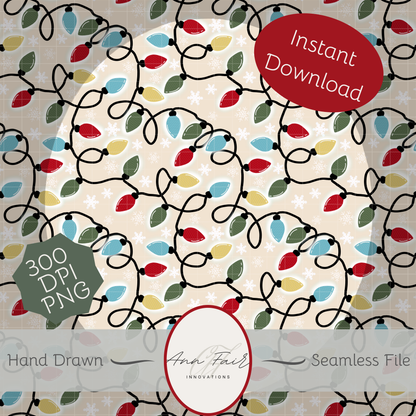 Vintage Christmas Lights Seamless Hand Drawn Digital Pattern | 300 DPI PNG | Instant Download