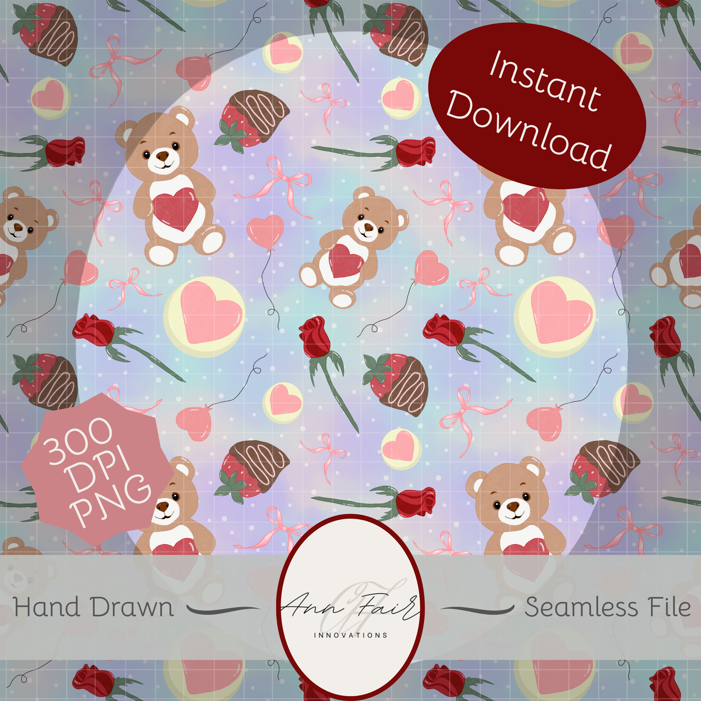 Teddy Bear Valentine Seamless Hand Drawn Digital Pattern | 300 DPI PNG | Instant Download