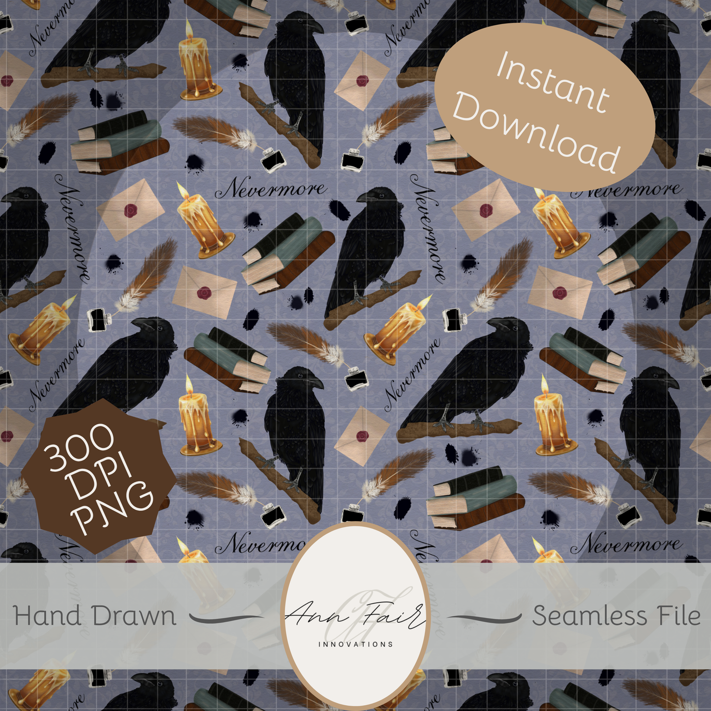 Nevermore Seamless Hand Drawn Digital Pattern | 300 DPI PNG | Instant Download |Edgar Allan Poe | The Raven
