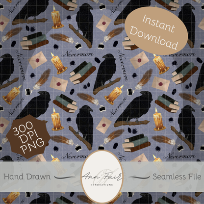 Nevermore Seamless Hand Drawn Digital Pattern | 300 DPI PNG | Instant Download |Edgar Allan Poe | The Raven