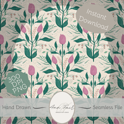 Tulips in Harmony Seamless Hand Drawn Digital seamless Pattern | 300 DPI PNG | Instant Download