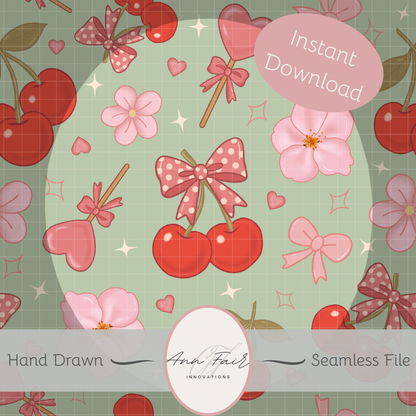 Coquette Cherries Seamless Hand Drawn Digital Pattern | 300 DPI PNG | Instant Download