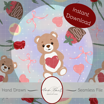 Teddy Bear Valentine Seamless Hand Drawn Digital Pattern | 300 DPI PNG | Instant Download