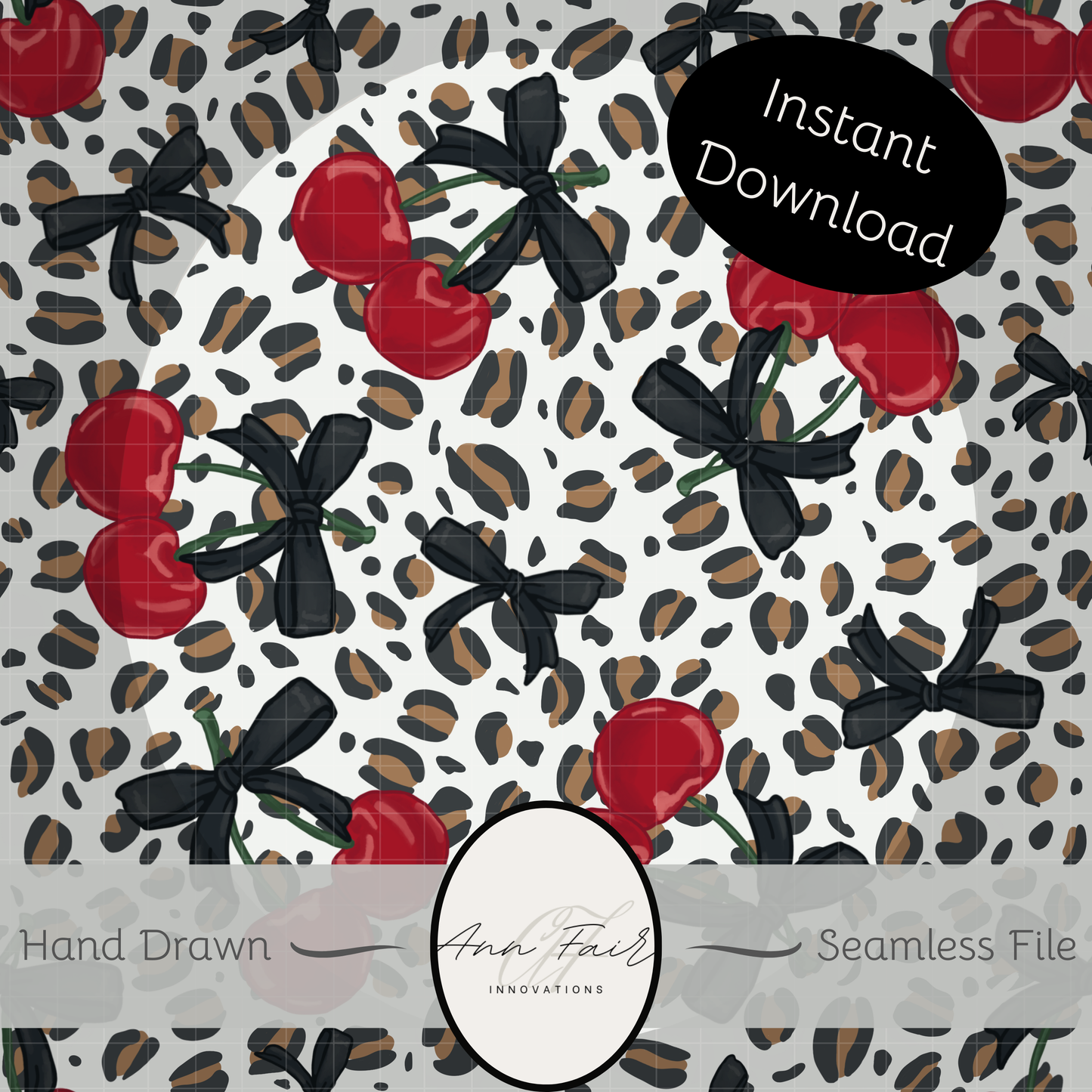 Leopards and Cherries Seamless Hand Drawn Digital Pattern | 300 DPI PNG | Instant Download