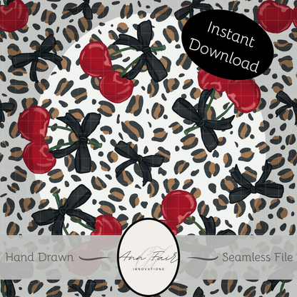 Leopards and Cherries Seamless Hand Drawn Digital Pattern | 300 DPI PNG | Instant Download