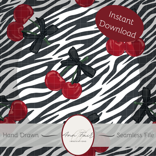 Zebra Print and Cherries Seamless Hand Drawn Digital Pattern | 300 DPI PNG | Instant Download