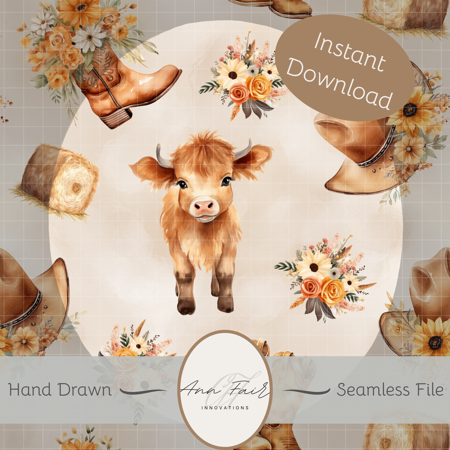 Cute Highland Cow Floral Seamless Hand Drawn Digital Pattern | 300 DPI PNG | Instant Download