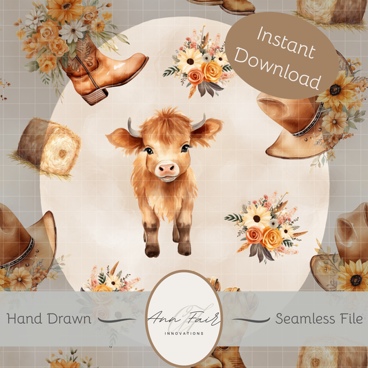 Cute Highland Cow Floral Seamless Hand Drawn Digital Pattern | 300 DPI PNG | Instant Download