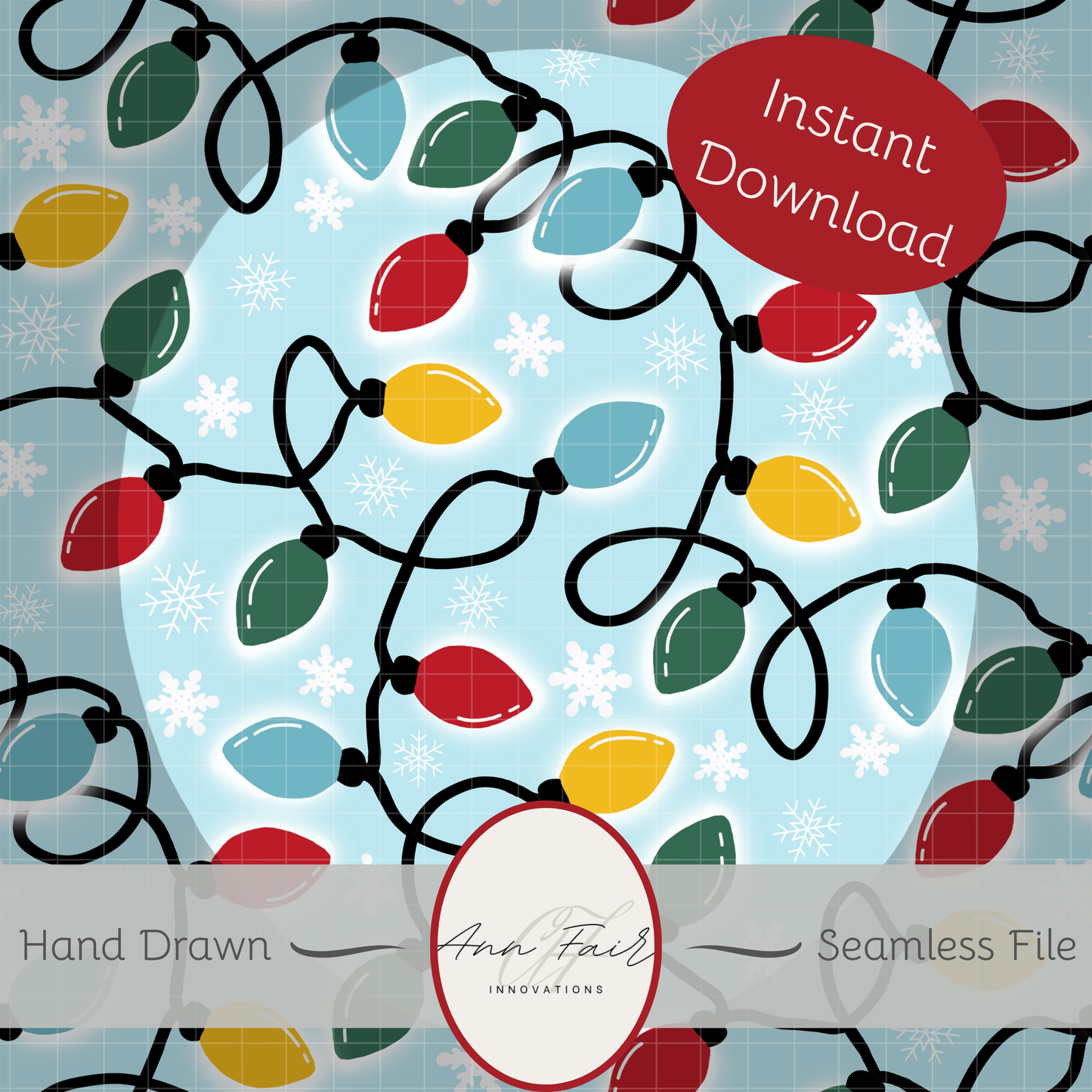 Retro Christmas Lights Seamless Hand Drawn Digital Pattern | 300 DPI PNG | Instant Download